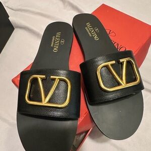 Valentino Black Slide Sandals with Gold Logo